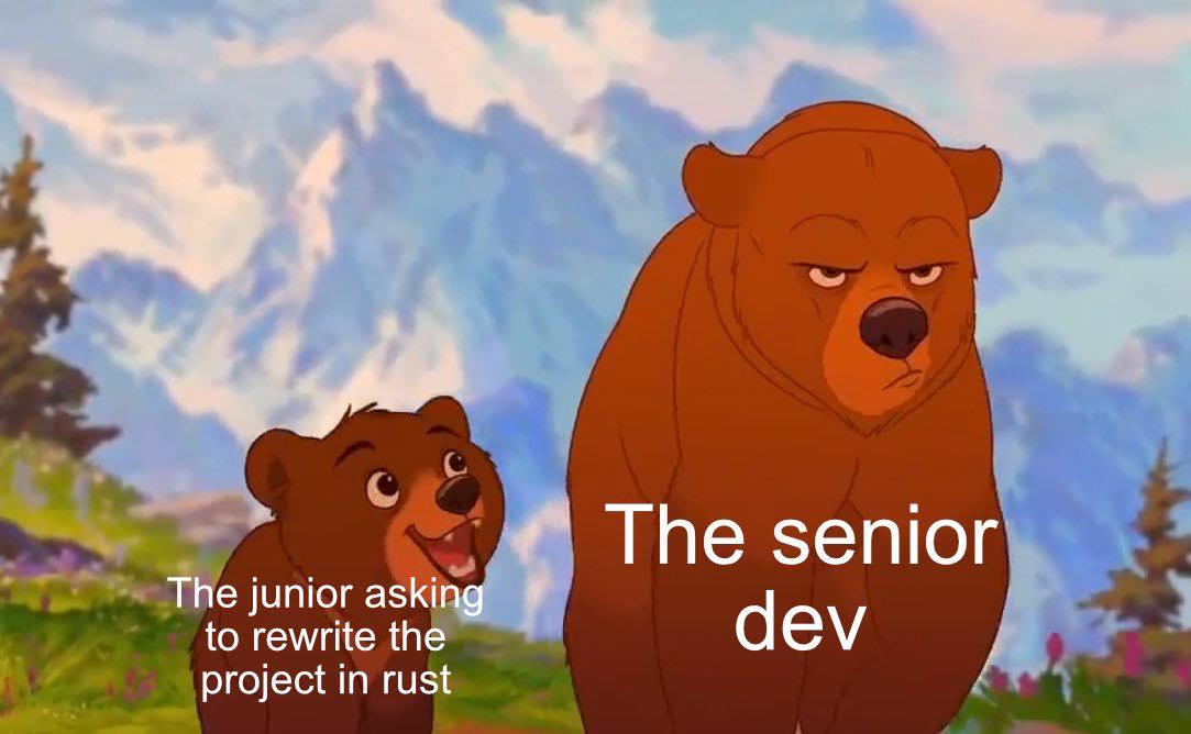 This meme is a humorous representation of a common workplace scenario. It depicts a junior developer (the "junior") and a senior developer (the "senior") in a conversation about a project. The text "The junior is asking the senior to rewrite the project in Rust" appears in the image, implying that the junior is asking the senior to redo the entire project in a specific programming language, which is likely to be a challenge for the senior.